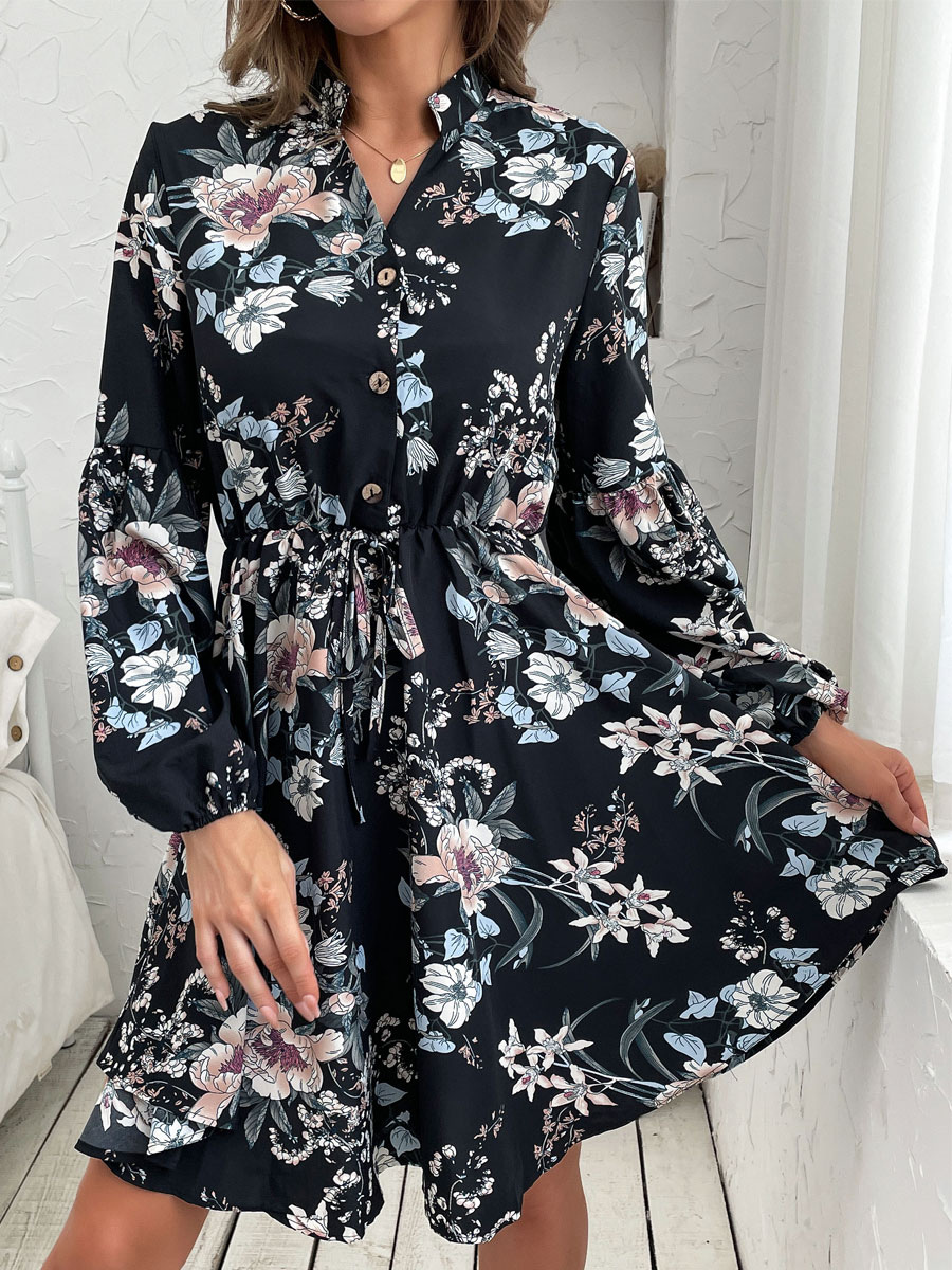 Moda Mujer Vestidos | Vestidos rectos Mangas largas Estampado floral Casual Plisado con cuello en V Vestido de tubo negro en capas - KF12603