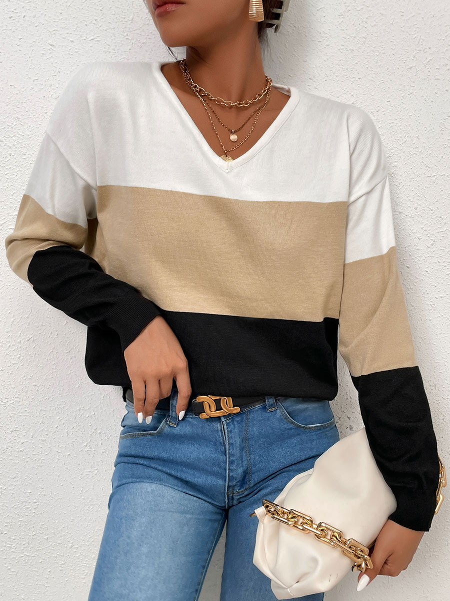 Women's Clothing Sweaters & Cardigans | Women Pullover Sweater Black Piping Stripes V-Neck Long Sleeves Oversized Polyester Swea