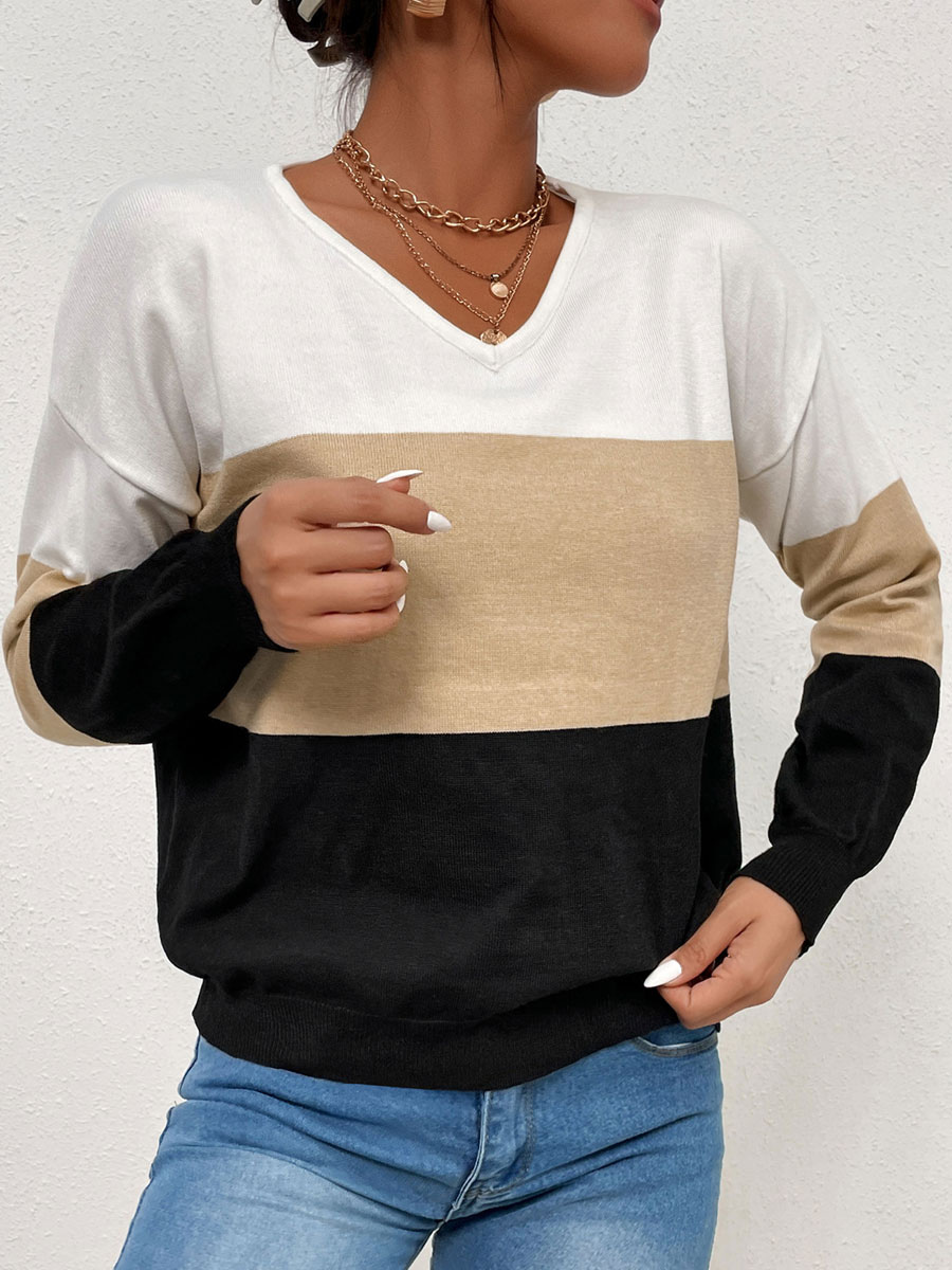 Women's Clothing Sweaters & Cardigans | Women Pullover Sweater Black Piping Stripes V-Neck Long Sleeves Oversized Polyester Swea