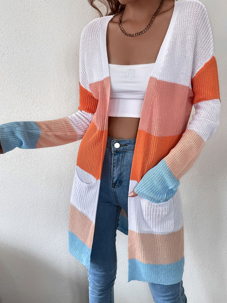 Women's Clothing Sweaters & Cardigans | Sweaters Cardigans White Polyester Stripes Piping Long Sleeves Stretch Cardigans - KK701