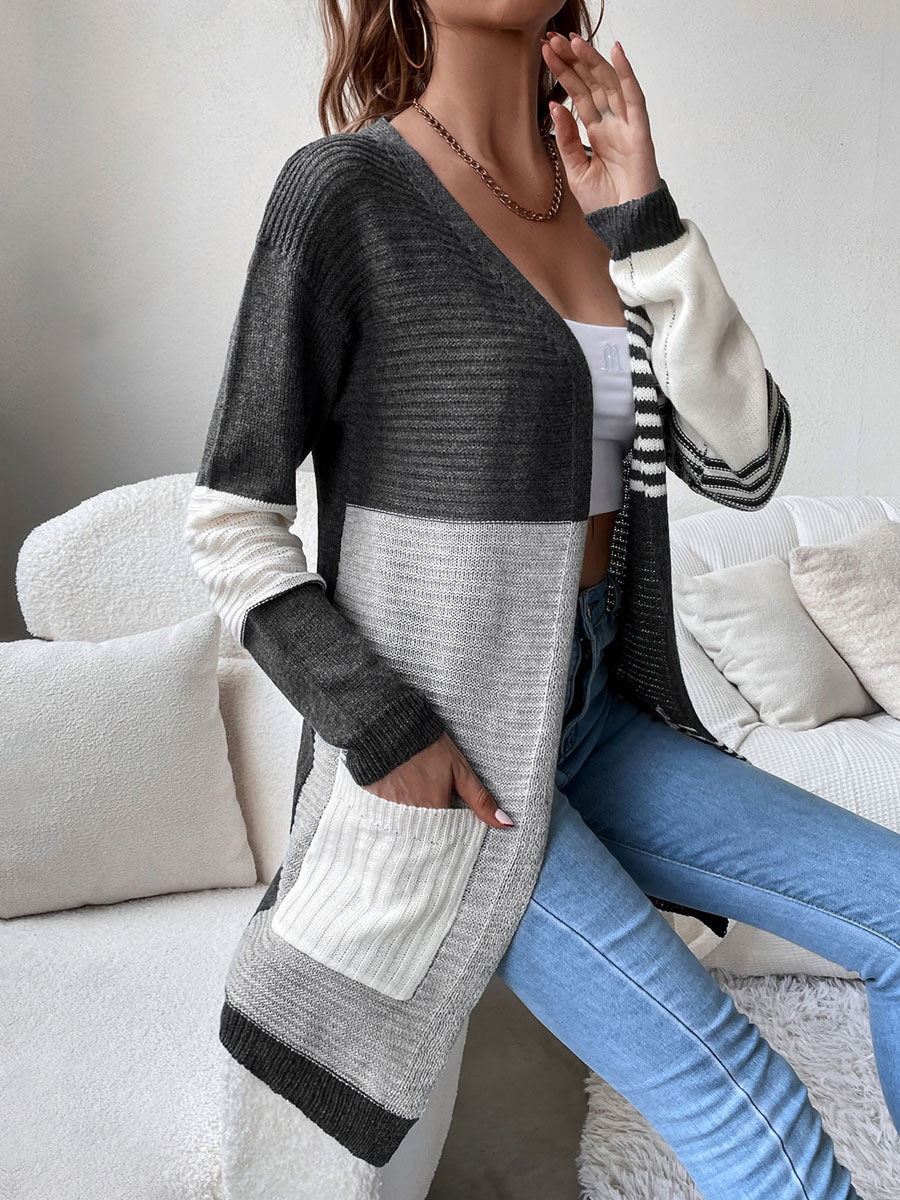 Women's Clothing Sweaters & Cardigans | Sweaters Cardigans Deep Gray Polyester Printed Pockets Long Sleeves Stretch Cardigans - 