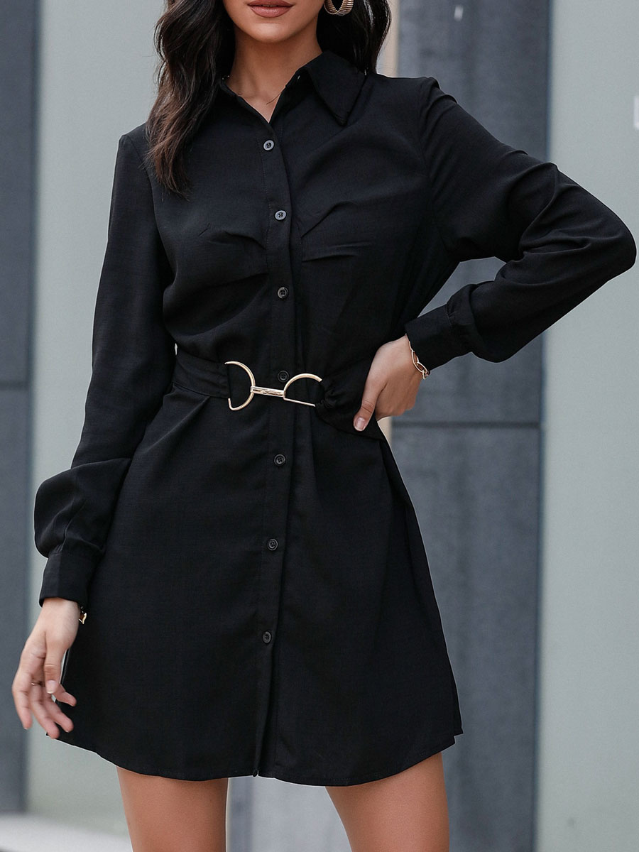 Women's Clothing Dresses | Shirt Dresses Black V-Neck Sash Long Sleeves Polyester Stretch Midi Dress - JP86659