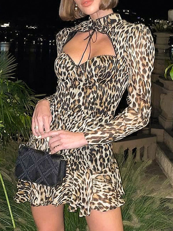 Moda Mujer Vestidos | Vestido midi de mujer con estampado de leopardo, cuello joya, mangas largas, vestido ajustado elástico - XT98399