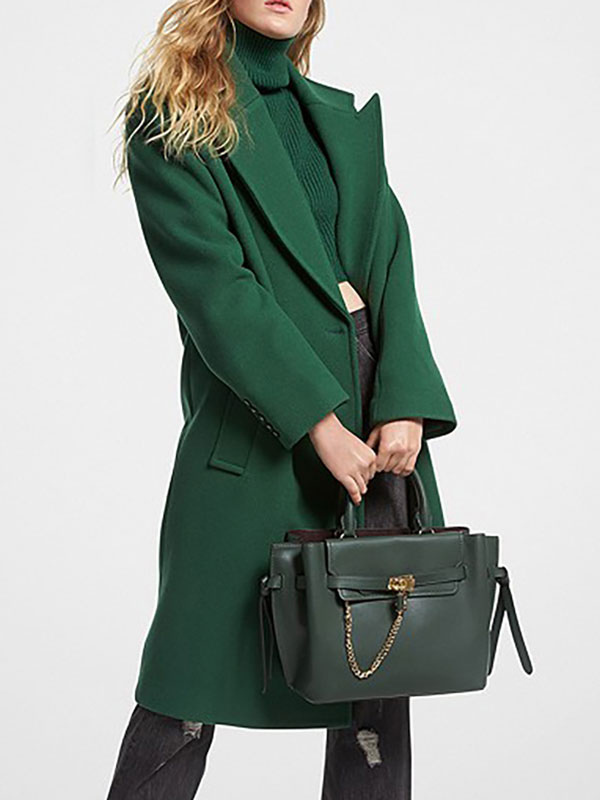 Women's Clothing Outerwear | Wrap Coat For Woman Turndown Collar Long Sleeves Buttons Casual Dark Green Long Winter Coat - CC55285