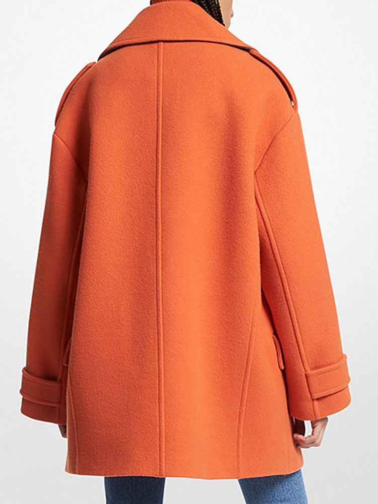 Women's Clothing Outerwear | Woman Wrap Coat Turndown Collar Long Sleeves Buttons Orange Red Woolen Coat - TU42190