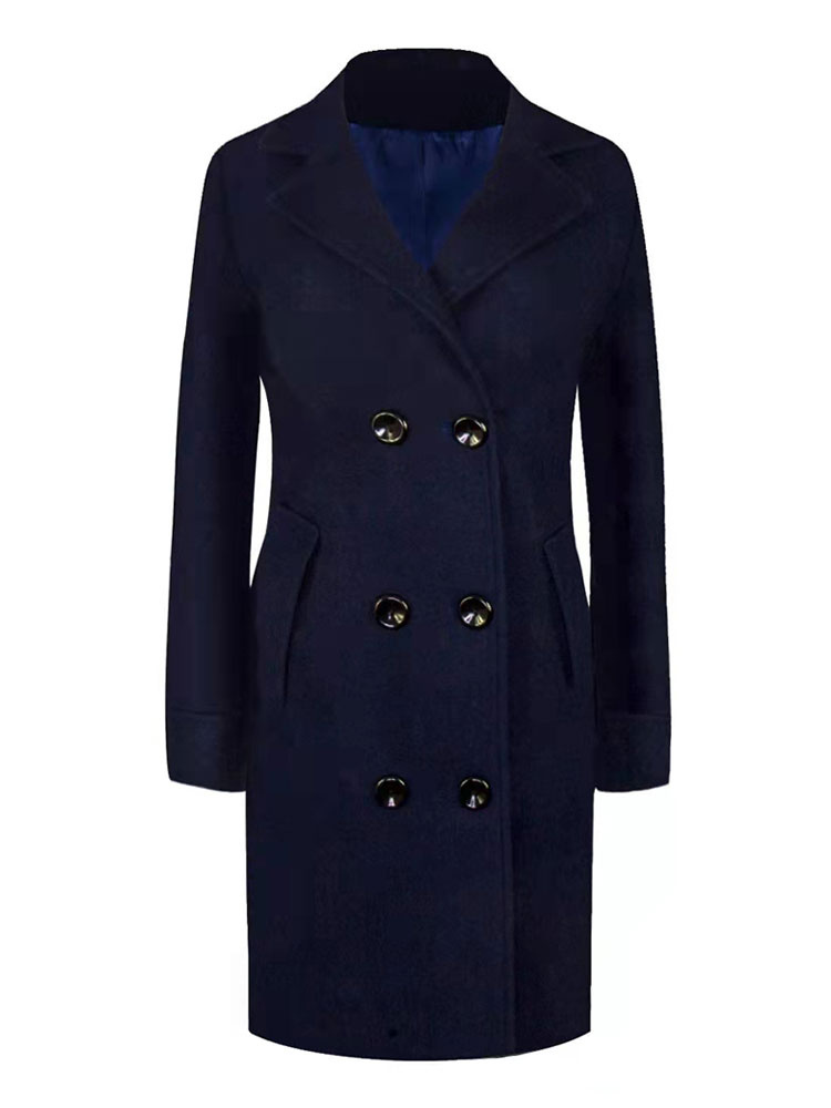 Women's Clothing Outerwear | Woman Wrap Coat Turndown Collar Long Sleeves Buttons Wind Proof Classic Dark Navy Wrap Coat - XJ57658