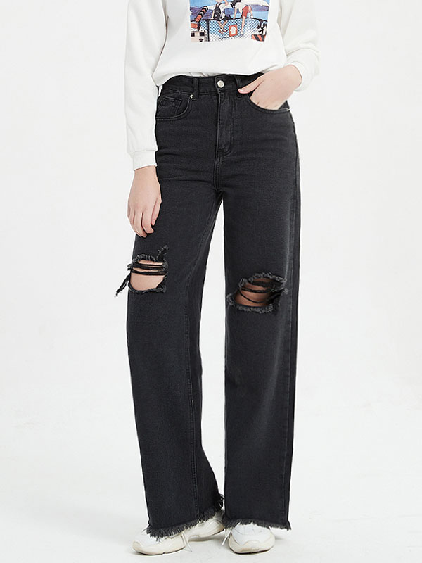 Women's Clothing Women's Bottoms | Jeans For Women Black Zipper Fly Straight Denim Pants - EB40944