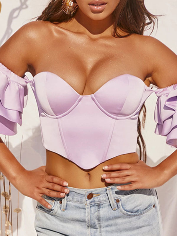 Women's Clothing Tops | Sexy Strapless Top For Women Bateau Neck Short Sleeves Ruffles Polyester Summer Tops - FO04699
