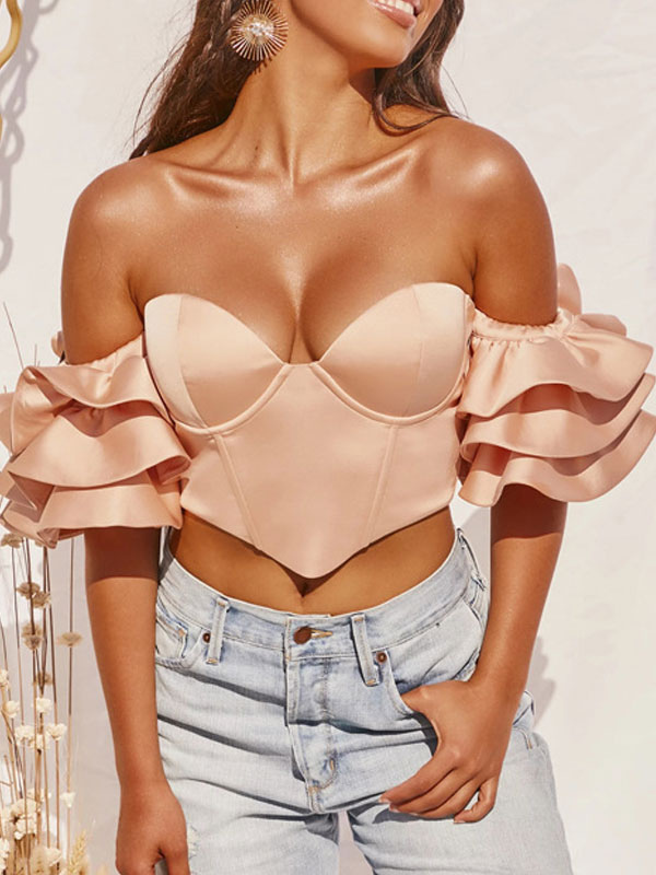 Women's Clothing Tops | Sexy Strapless Top For Women Bateau Neck Short Sleeves Ruffles Polyester Summer Tops - AQ51423