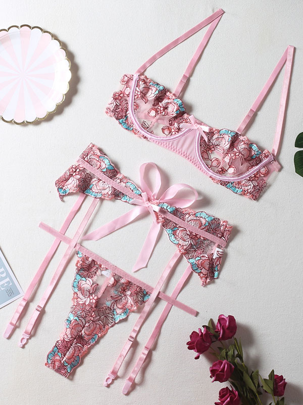 Bras For Woman Pink Polyester Bows Garter Bra Panty 3-Piece Set Sexy ...
