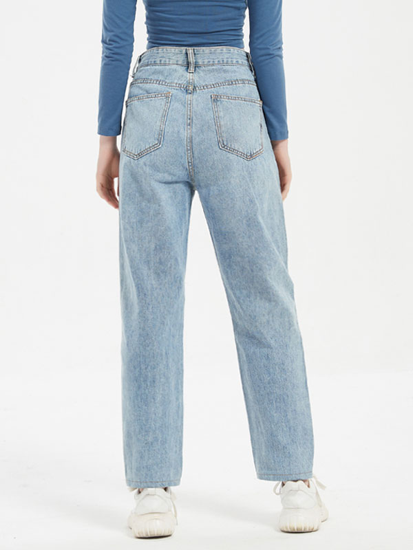 Women's Clothing Women's Bottoms | Women Jeans Zipper Fly Raised Waist Cot Outs Straight Denim Sky Blue Pants - JG13790