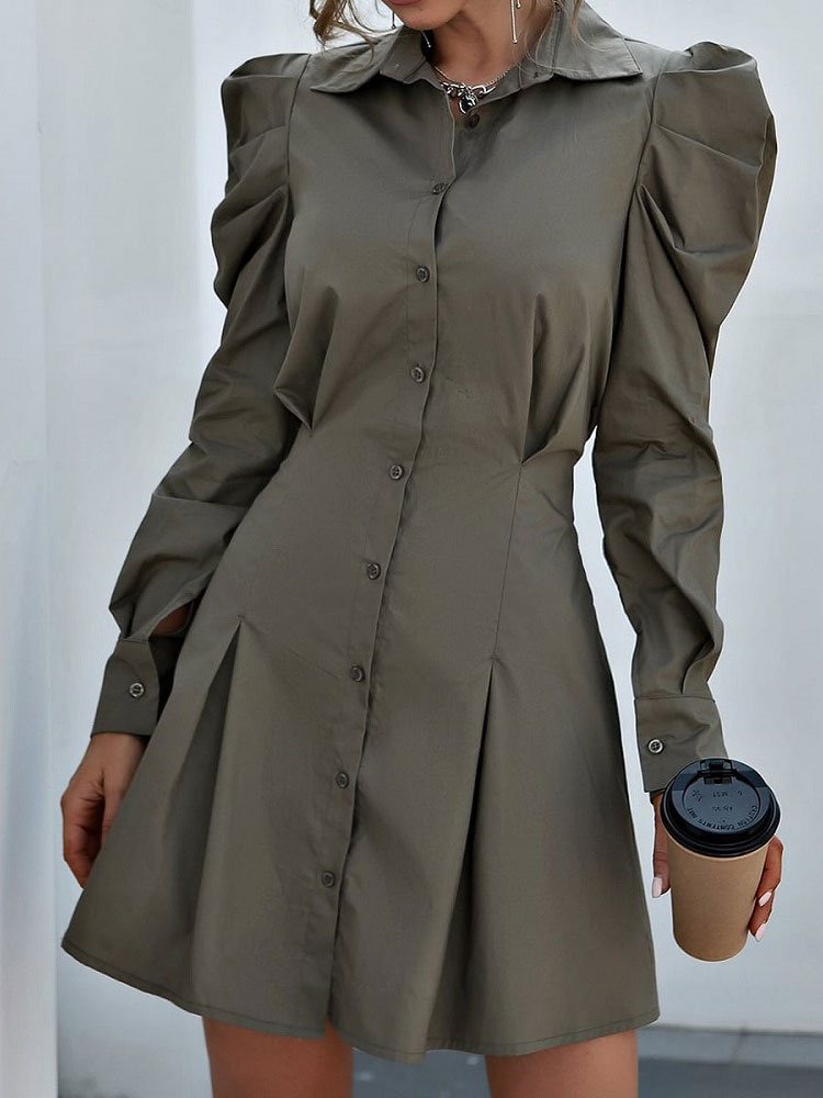 Women's Clothing Dresses | Shirt Dresses Olive Green Turndown Collar Buttons Long Sleeves Polyester Stretch Midi Dress - JJ11028