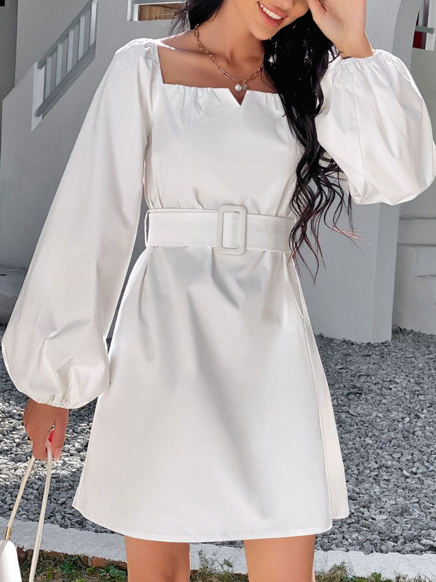 Women's Clothing Dresses | Mini Dresses White Square Neck Long Sleeves Pleated Polyester Stretch Short Dress - YK08039