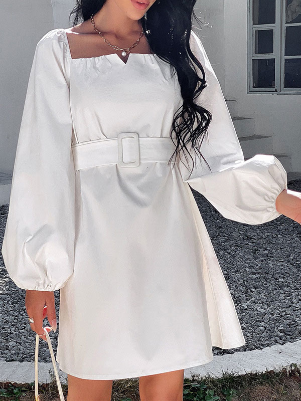 Women's Clothing Dresses | Mini Dresses White Square Neck Long Sleeves Pleated Polyester Stretch Short Dress - YK08039