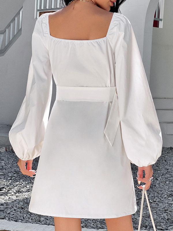 Women's Clothing Dresses | Mini Dresses White Square Neck Long Sleeves Pleated Polyester Stretch Short Dress - YK08039