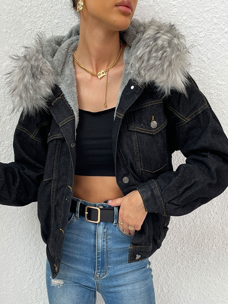 Women's Clothing Outerwear | Women Jackets Black Hooded Front Button Casual Pockets Black Oversized Jacket Cozy Active Outerwear - FS88780
