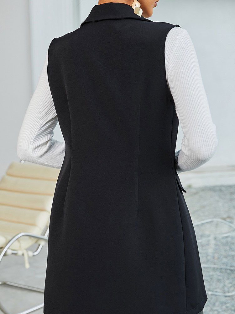 Women's Clothing Outerwear | Women Blazer Coat Stylish V Neck Buttons Sleeveless Irregular Polyester Black Overcoat Cozy Active Outerwear - LY91677