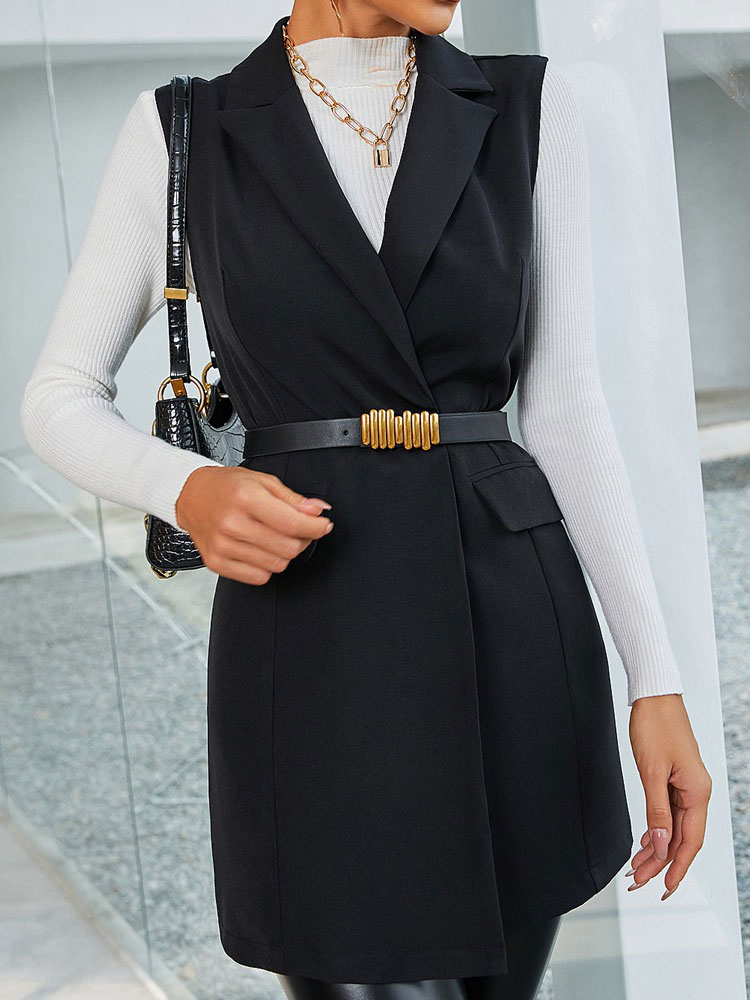Women's Clothing Outerwear | Women Blazer Coat Stylish V Neck Buttons Sleeveless Irregular Polyester Black Overcoat Cozy Active Outerwear - LY91677