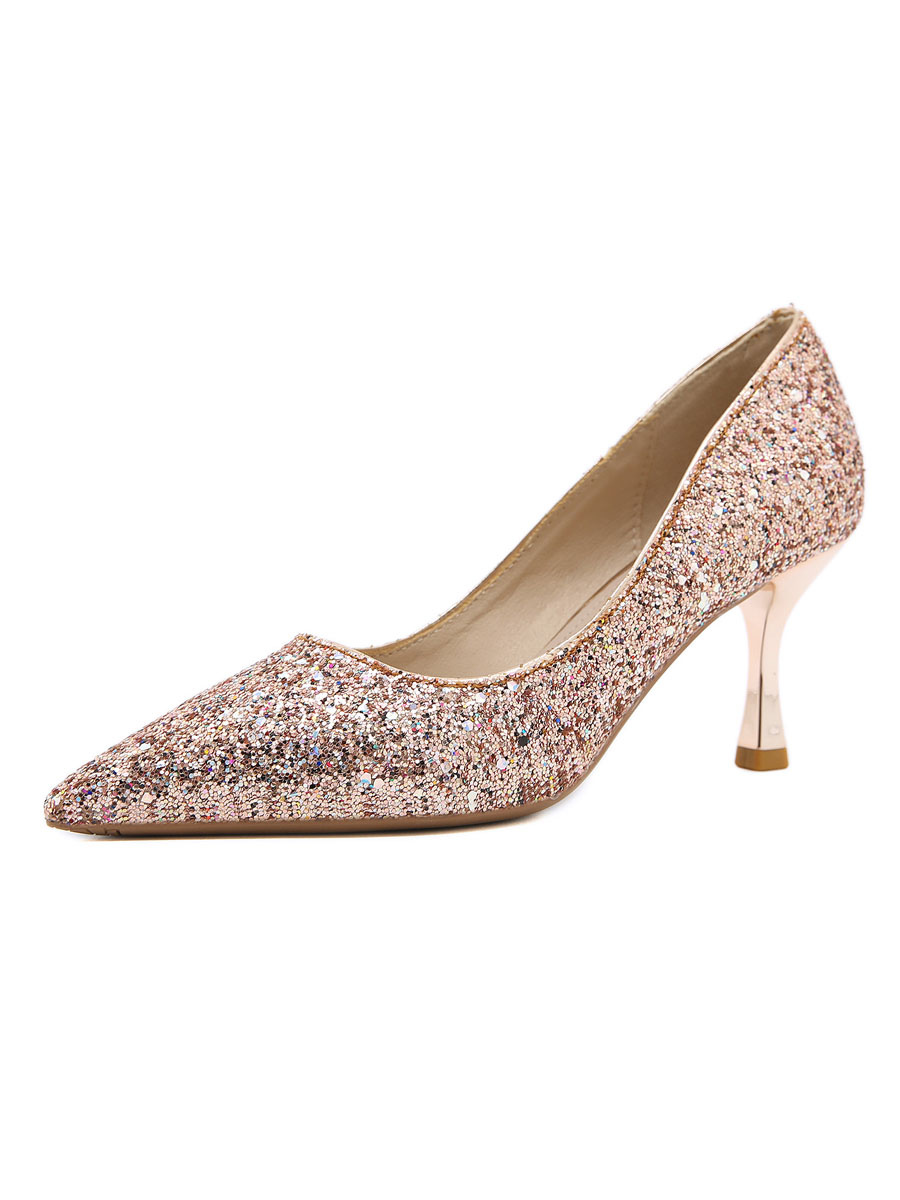Zapatos de Fiesta | Zapatos de fiesta de tacón alto Zapatos de noche de lentejuelas de tacón de aguja puntiagudos en oro rosado - QV46846