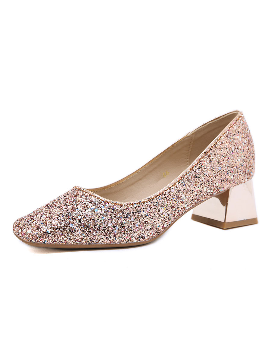 Zapatos de Fiesta | Zapatos de fiesta de tacón alto Zapatos de noche de tela con lentejuelas de tacón grueso y punta cuadrada en oro rosa - JQ94539