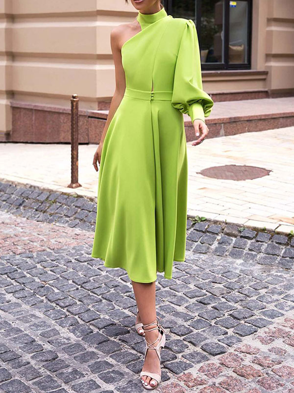 Women's Clothing Dresses | Party Dresses Green One Shoulder Buttons Long Sleeves Open Shoulder Semi Formal Dress - RO50165