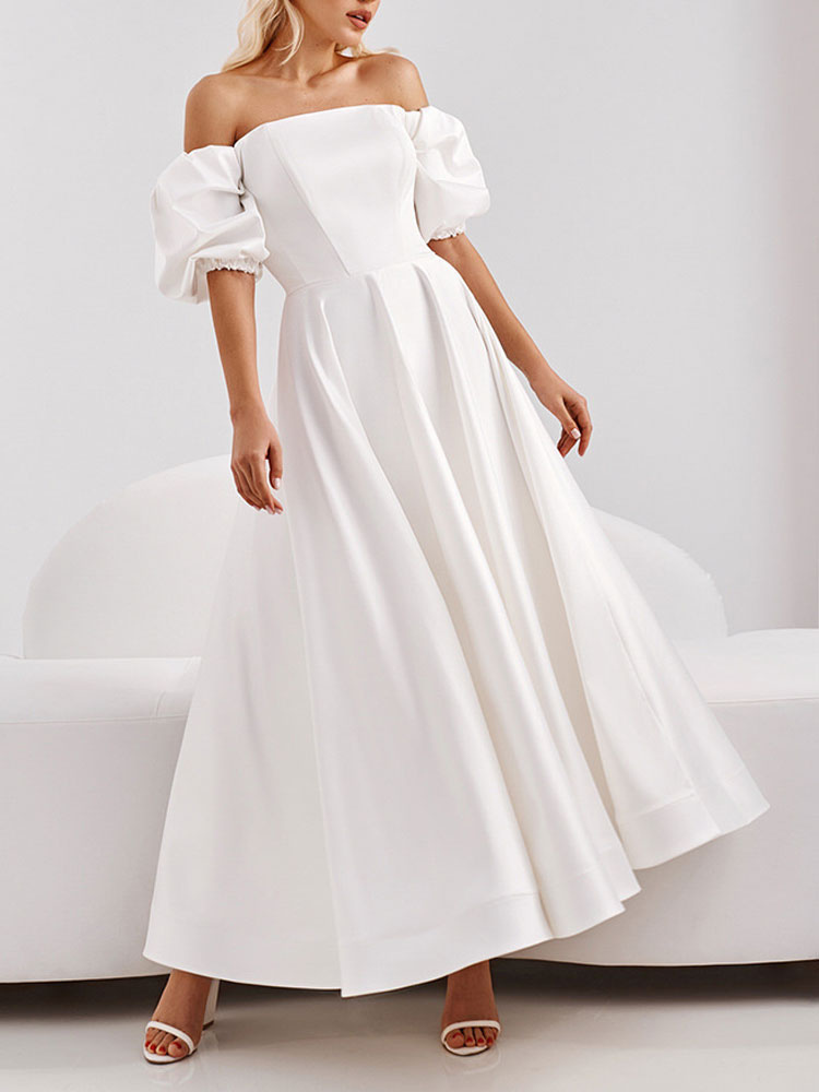 Women's Clothing Dresses | Party Dresses White Bateau Neck Short Sleeves Open Shoulder Long Semi Formal Dress - TN34773