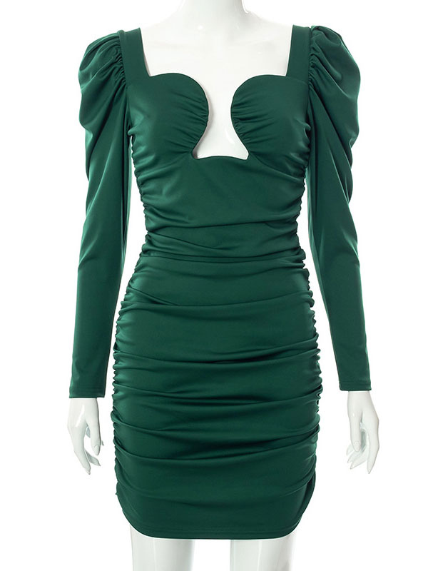 Women's Clothing Clubwear | Green Club Dress For Women Square Neck Long Sleeves Polyester Cupless Sexy Bodycon Dress - AI39793