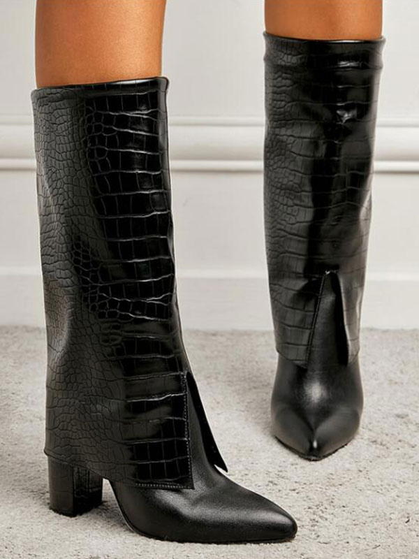 Zapatos de Mujer | Botas de mujer Tacón grueso Punta puntiaguda Cuero de PU Botas negras a media pantorrilla - KD86650
