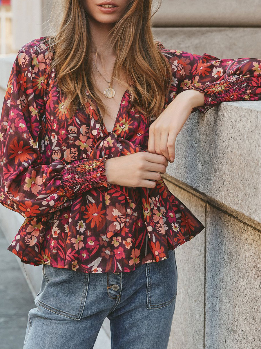 Women's Clothing Tops | Shirt For Women Burgundy Floral Print Turndown Collar Bohemian Long Sleeves Polyester Tops - BI29053