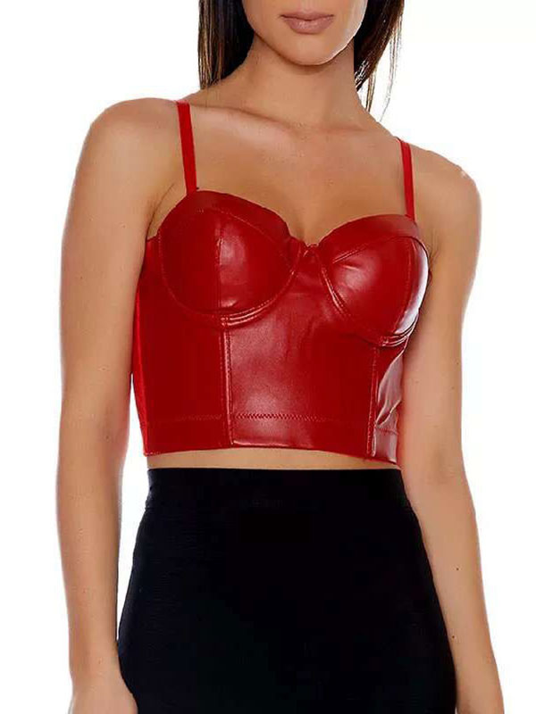 Women's Clothing Tops | Sexy Top For Women Red Straps Neck Adjustable Straps Sleeveless Pu Leather Summer Tops - XN62771