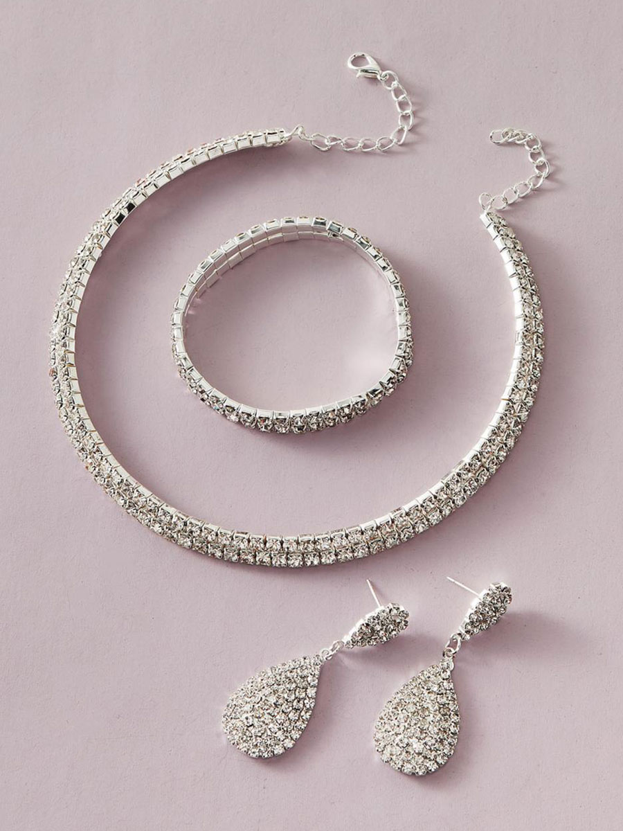 Boda Accesorios de boda | Conjuntos de joyas Broche de garra de langosta blanca Aleación de diamantes de imitación Perforada Conjunto de joyas metálicas de 3 piezas - HW41798