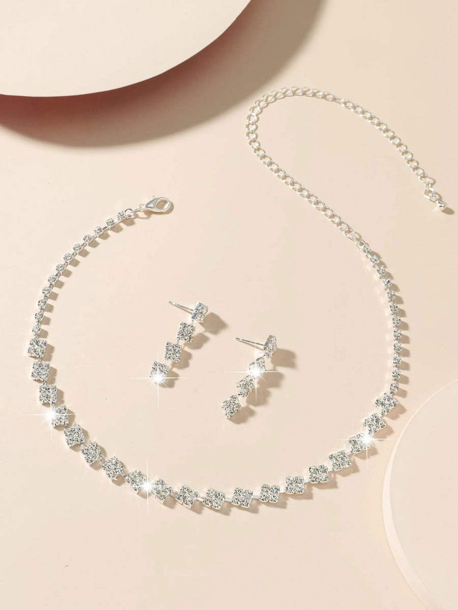 Boda Accesorios de boda | Conjuntos de joyas Broche de garra de langosta blanca Aleación de diamantes de imitación Perforada Conjunto de joyas a cuadros de 2 piezas - CL34476