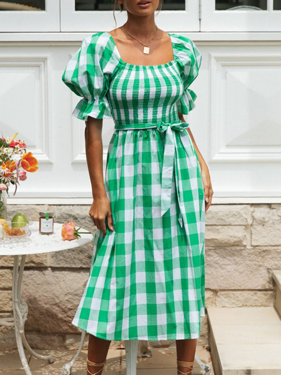 Women's Clothing Dresses | Maxi Dress Square Neck Short Sleeves Polyester Plaid Pattern Long Summer Dress - IX41457