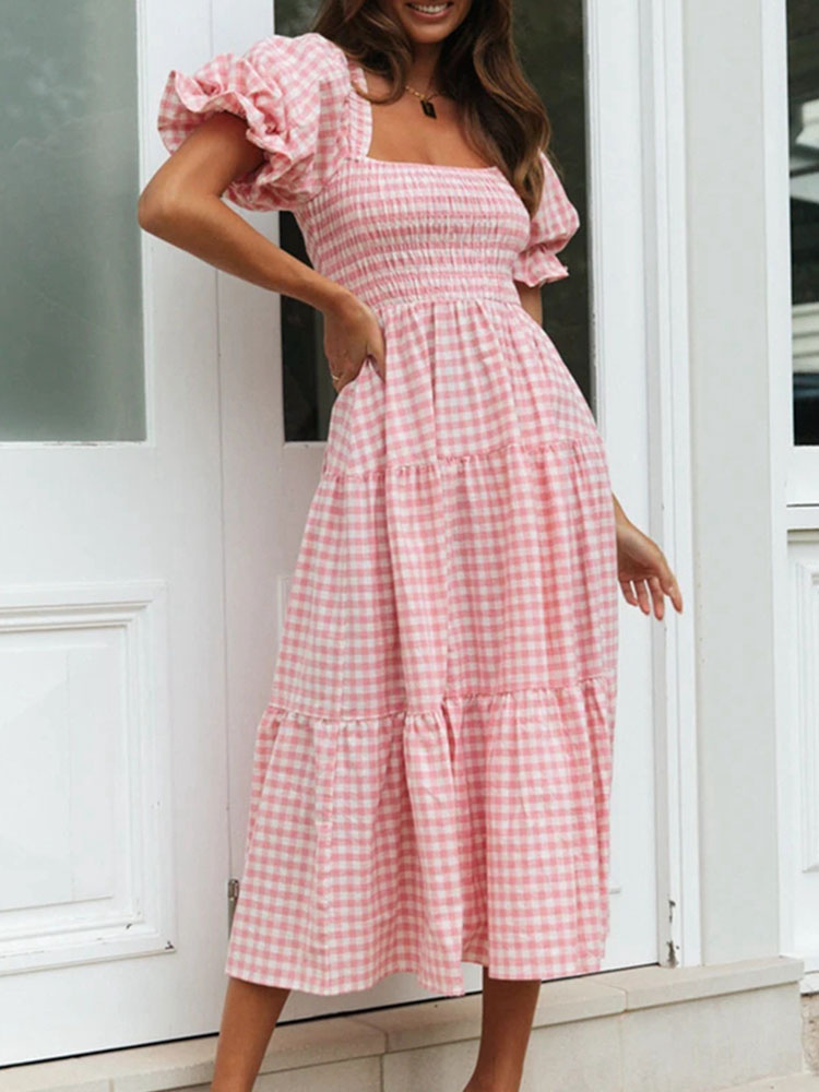 Women's Clothing Dresses | Maxi Dress Pink Square Neck Short Sleeves Polyester Plaid Pattern Floor Length Dress - LM30504