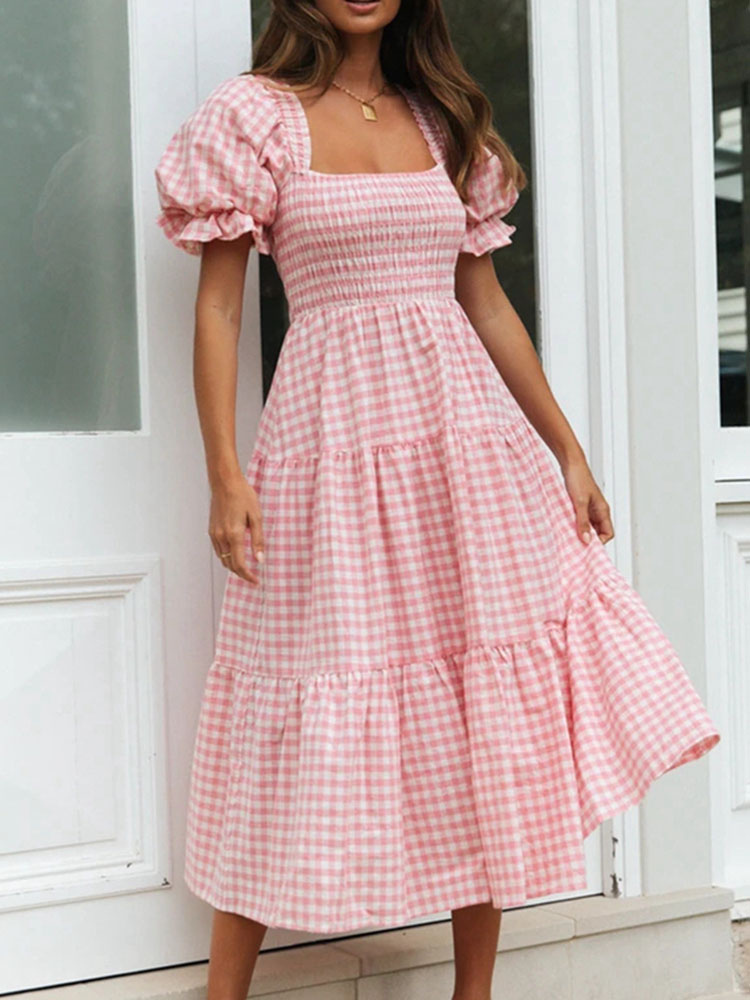 Women's Clothing Dresses | Maxi Dress Pink Square Neck Short Sleeves Polyester Plaid Pattern Floor Length Dress - LM30504