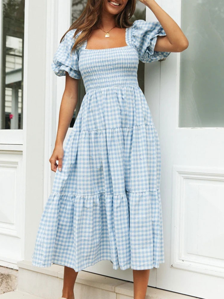 Women's Clothing Dresses | Maxi Dress Pink Square Neck Short Sleeves Polyester Plaid Pattern Floor Length Dress - LM30504