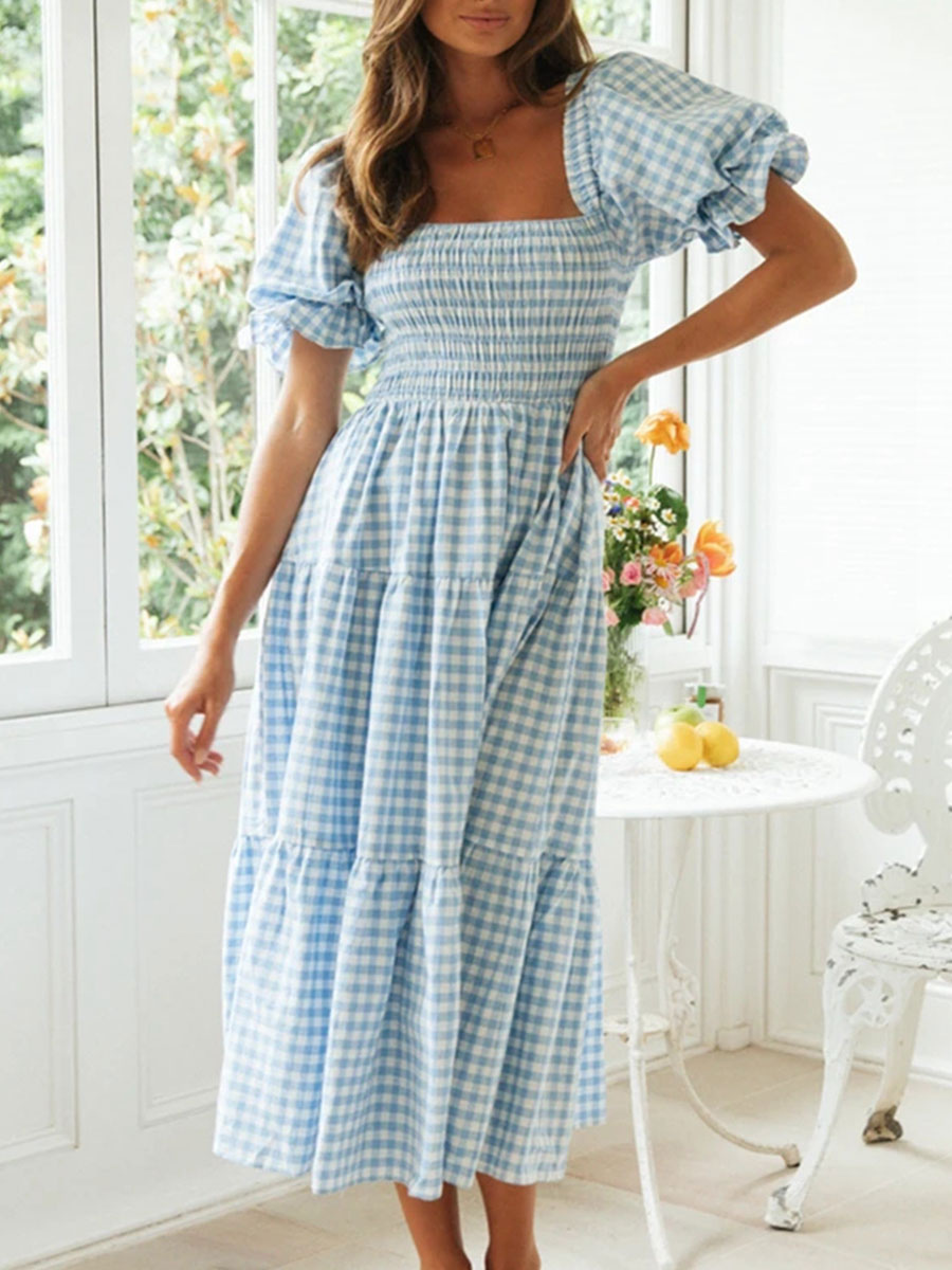 Women's Clothing Dresses | Maxi Dress Pink Square Neck Short Sleeves Polyester Plaid Pattern Floor Length Dress - LM30504