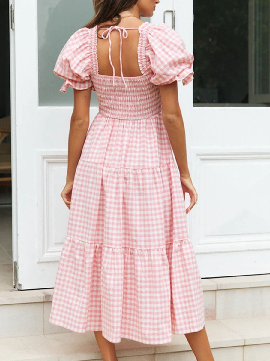 Women's Clothing Dresses | Maxi Dress Pink Square Neck Short Sleeves Polyester Plaid Pattern Floor Length Dress - LM30504