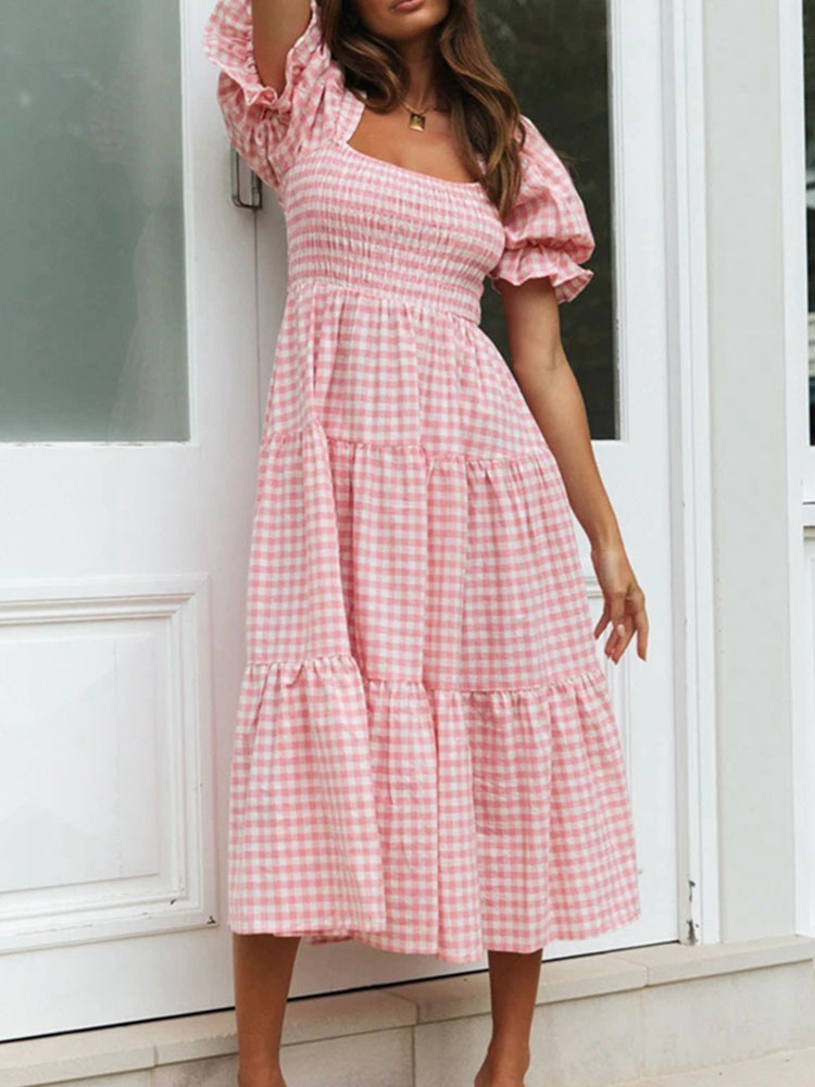 Women's Clothing Dresses | Maxi Dress Pink Square Neck Short Sleeves Polyester Plaid Pattern Floor Length Dress - LM30504