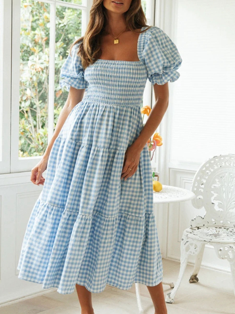 Women's Clothing Dresses | Maxi Dress Pink Square Neck Short Sleeves Polyester Plaid Pattern Floor Length Dress - LM30504