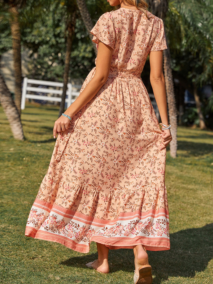 Women's Clothing Dresses | Maxi Dress V-Neck Short Sleeves Polyester Floral Printed Pink Floor Length Dress - ZI37531