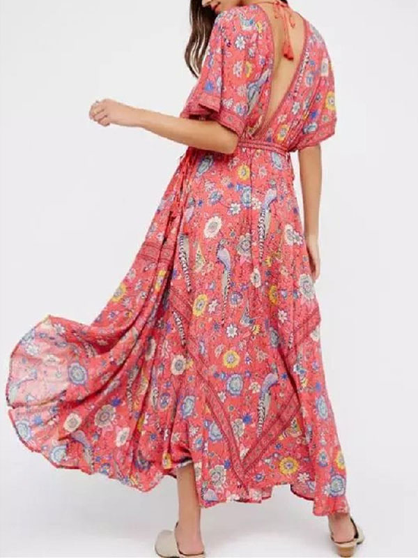 Women's Clothing Dresses | Maxi Dress V-Neck Short Sleeves Polyester Floral Printed Red Long Summer Dress - RY17492