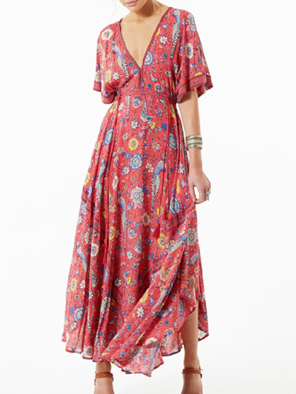 Women's Clothing Dresses | Maxi Dress V-Neck Short Sleeves Polyester Floral Printed Red Long Summer Dress - RY17492