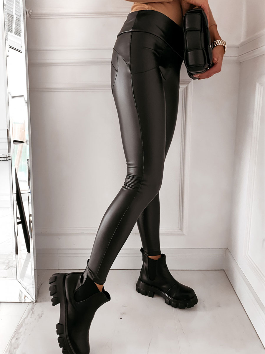 Women's Clothing Women's Bottoms | Women Long Skinny Pants Black Pu Leather High Rise Waist Trousers - MX15200