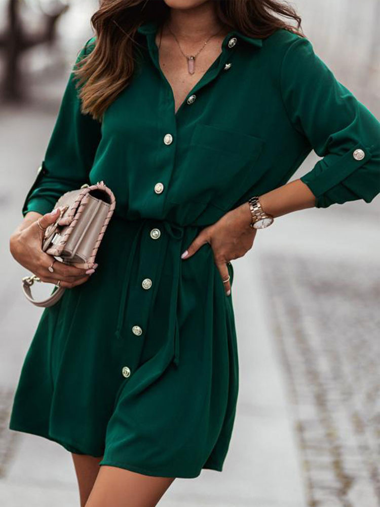 Women's Clothing Dresses | Shirt Dresses Green Turndown Collar Pockets Long Sleeves Polyester Midi Dress - TN55790