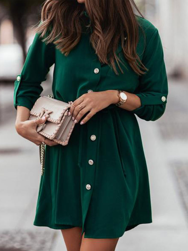 Women's Clothing Dresses | Shirt Dresses Green Turndown Collar Pockets Long Sleeves Polyester Midi Dress - TN55790