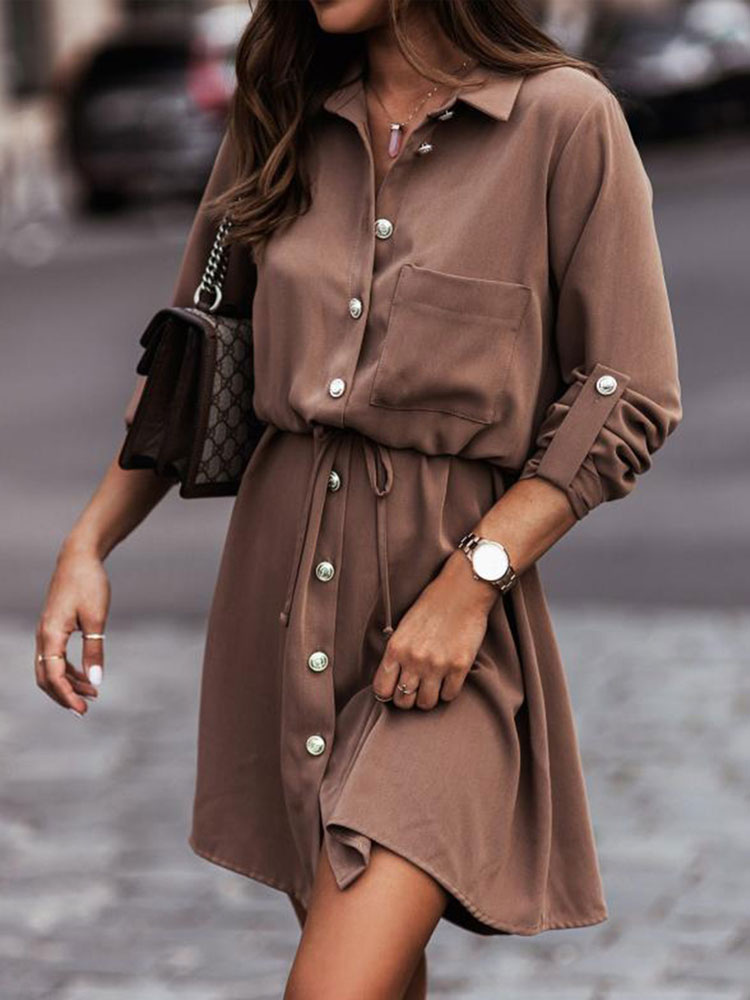 Women's Clothing Dresses | Shirt Dresses Green Turndown Collar Pockets Long Sleeves Polyester Midi Dress - TN55790