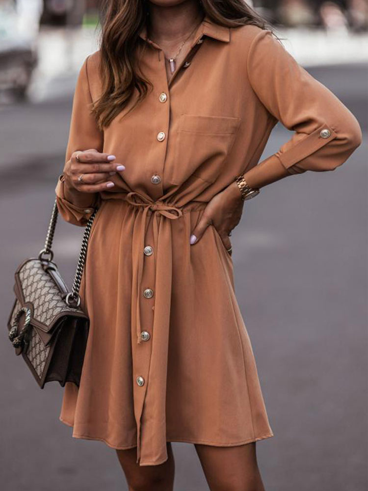 Women's Clothing Dresses | Shirt Dresses Green Turndown Collar Pockets Long Sleeves Polyester Midi Dress - TN55790