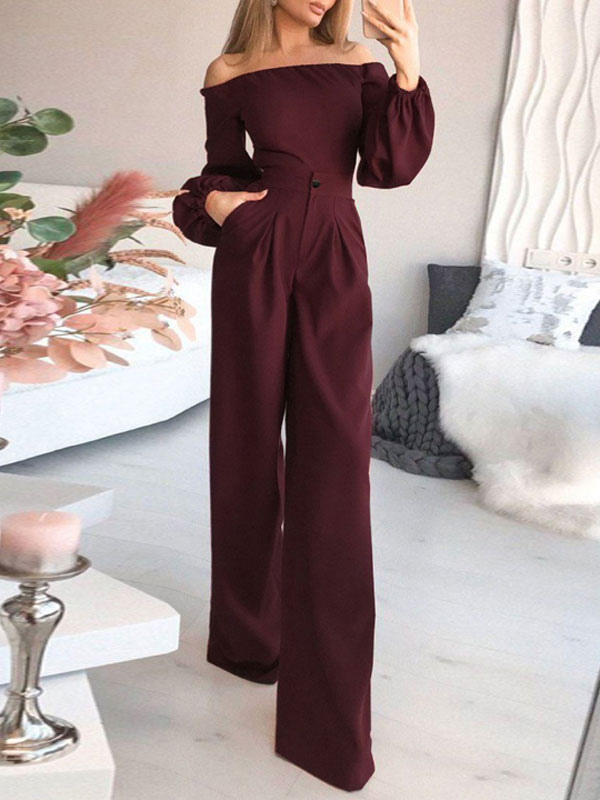 Women's Clothing Jumpsuits & Rompers | Green Jumpsuit Bateau Neck Long Sleeves Pleated Layered Strapless Polyester Wide Leg Jumpsuits For Women - IL45131