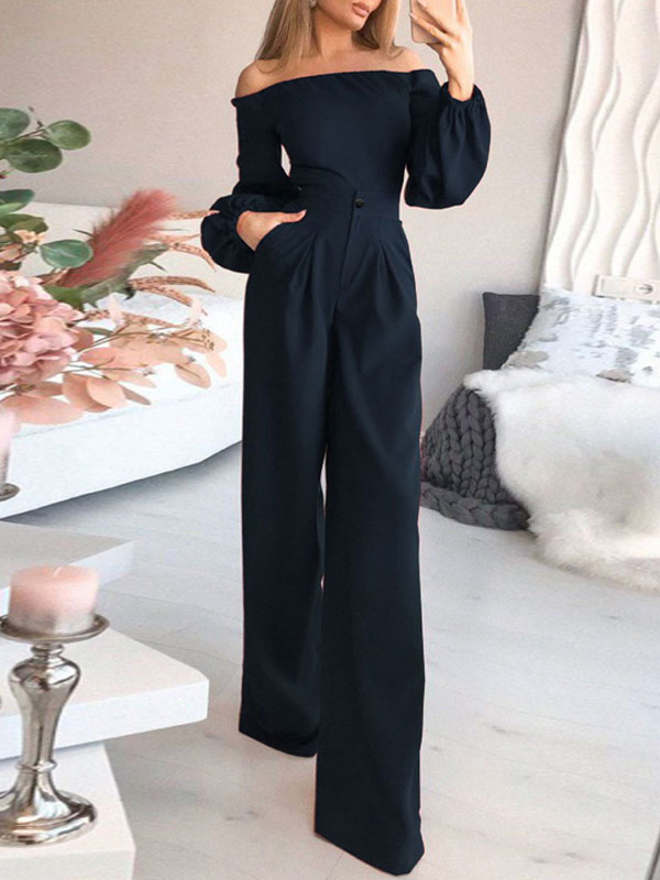 Women's Clothing Jumpsuits & Rompers | Green Jumpsuit Bateau Neck Long Sleeves Pleated Layered Strapless Polyester Wide Leg Jumpsuits For Women - IL45131